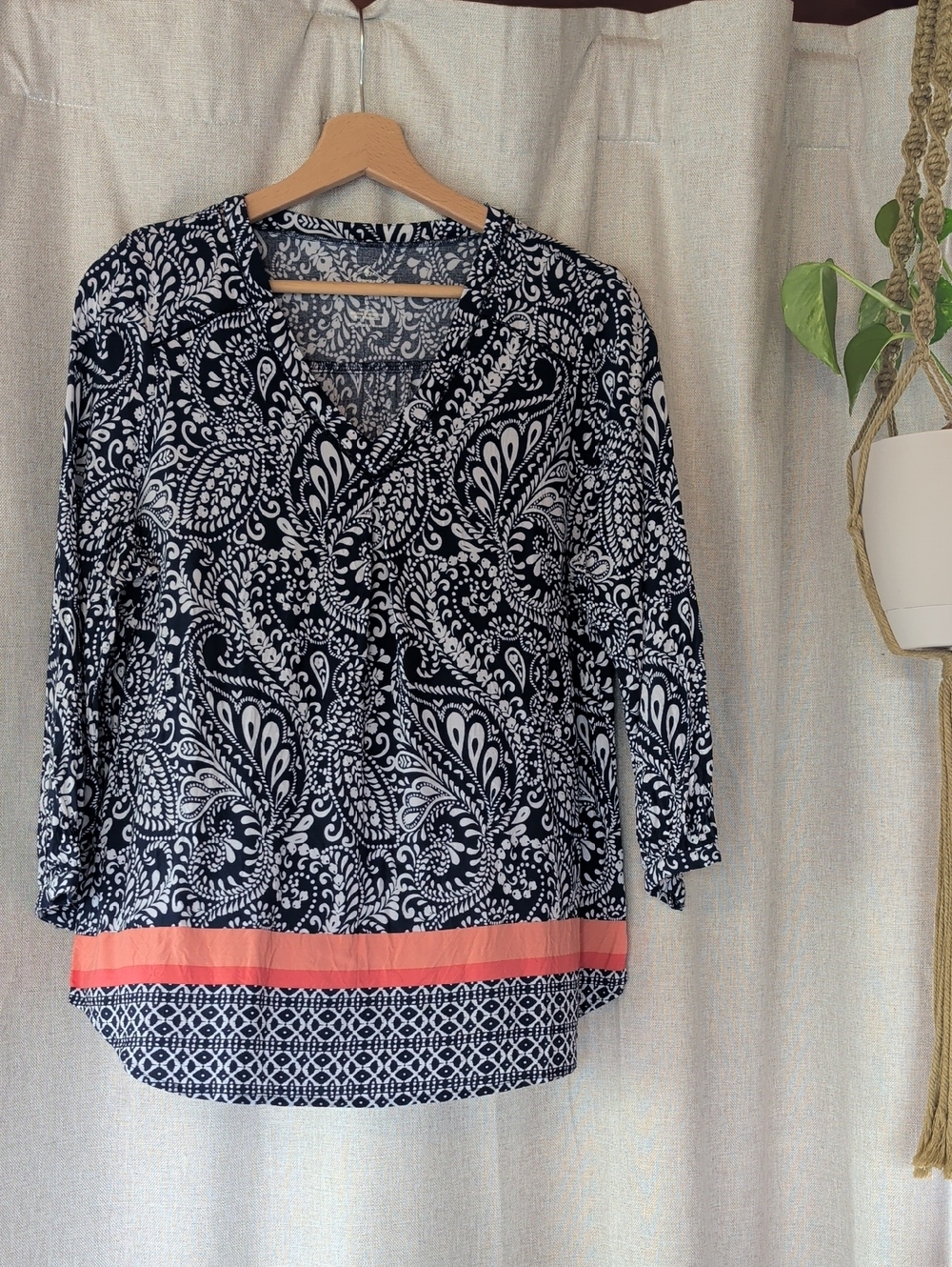St. John's Bay Navy & White Paisley Tunic with Coral Band